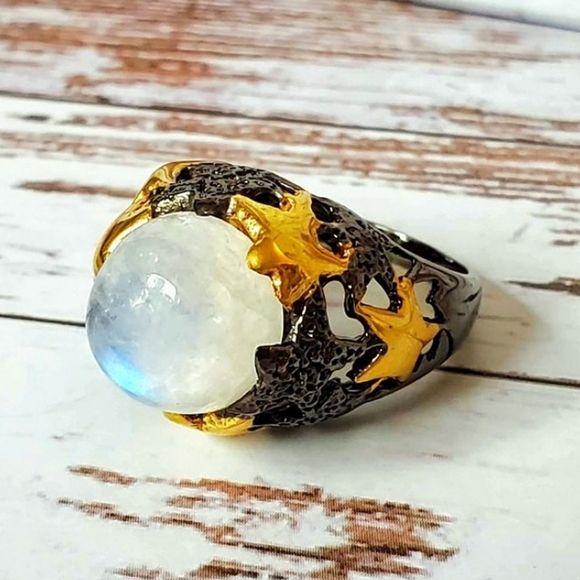 The Girl with Kaleidoscope Eyes Jewelry - Moonstone & Stars Sterling & 14kt Ring